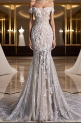 Unique Mermaid Off The Shoulder Sequin Short Sleeves Wedding Dress Brides Dress