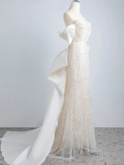 Unique Mermaid Off The Shoulder Short Sleeves Long White Sequin Wedding Dress