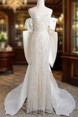 Unique Mermaid Off The Shoulder Short Sleeves Long White Sequin Wedding Dress