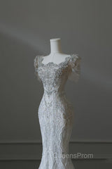 Unique Mermaid Square Neckline Short Sleeves Wedding Dress White Brides Dress