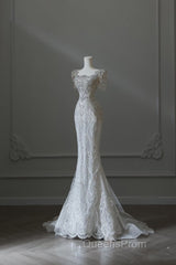 Unique Mermaid Square Neckline Short Sleeves Wedding Dress White Brides Dress