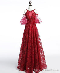 Unique Off Shoulder Tulle Lace Burgundy Long Prom Dress, Evening Dress