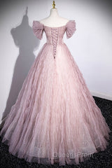 Unique Powder Blusher Pink Glitter Sequins Off Shoulder Rhinestone Applique Short Sleeve Evening Prom Dress Powder Blusher Pink A-Line Princess Backless Strap Long Evening Dress