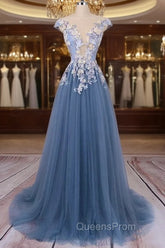 Unique Round Neck Applique Tulle Long Evening Prom Dress, Tulle Evening Dress