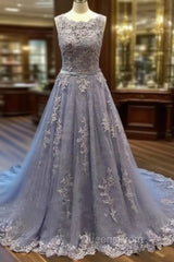 Unique Round Neck Lace Tulle Long Evening Prom Dress, Lace Evening Dress