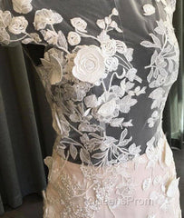 Unique Round Neck Tulle Lace Long Evening Prom Dress, Lace Evening Dress