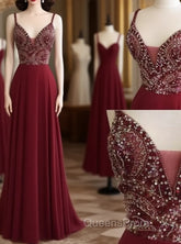 Unique Sequin Beads Burgundy Long Evening Prom Dress, Evening Dress