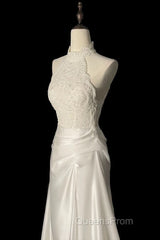 Unique Sheath High Neckline Satin Lace Ivory Wedding Dress