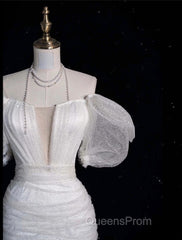Unique Sheath Off The Shoulder Sequin Short Sleeves White Wedding Dress Brides Dress