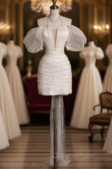 Unique Sheath Off The Shoulder Sequin Short Sleeves White Wedding Dress Brides Dress