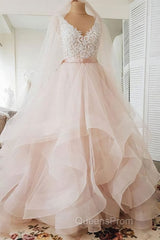 Unique v neck tulle lace long Evening Prom Dress, tulle wedding Dress