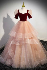 Unique Velvet Long A-Line Prom Dress with Ruffles, Cute Evening Party Dress