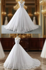 Unique White Lace V Neck Puffy Sweep Train Wedding Dress, Lace Formal Evening Prom Dress