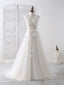 Unique White Round Neck Tulle 3D Lace Applique Long Prom Dresses