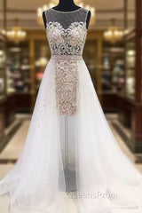 Unique White Round Neck Tulle Short Evening Prom Dress, White Evening Dress