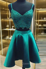 V Neck 2 Pieces Short Green Lace Evening Prom Dress, Two Pieces Short Green Formal Homecoming Dress