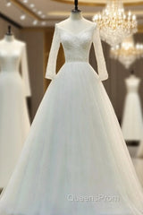 V-Neck A-Line Floor Length Tulle Wedding Dress With Beading Long Sleeves