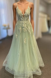 V Neck A Line Green Tulle Long Evening Prom Dress With Applique