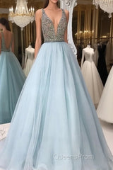 V Neck And V Back Sequin Tulle Long Blue Evening Prom Dress, Blue Evening Dress