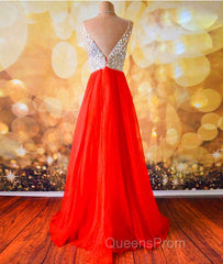 V Neck And V Back Sequins Chiffon Red Evening Prom Dress, Long Red Formal Dress, Evening Dress