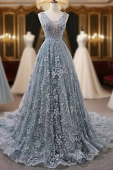 V-Neck Appliques Lace Wedding Dress With Chapel Train