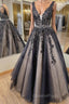 V Neck Backless Black Lace Long Evening Prom Dress, Black Lace Formal Dress, Black Evening Dress
