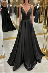 V Neck Backless Black Satin Long Evening Prom Dress, Backless Black Formal Dress, Black Evening Dress