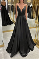 V Neck Backless Black Satin Long Evening Prom Dress, Backless Black Formal Dress, Black Evening Dress