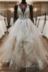 V Neck Backless Light Champagne Lace Wedding Dress, Open Back Champagne Lace Formal Evening Prom Dress