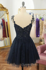V Neck Beaded Navy Blue Lace Evening Prom Dress, Navy Blue Lace Homecoming Dress, Short Navy Blue Formal Graduation Evening Dress