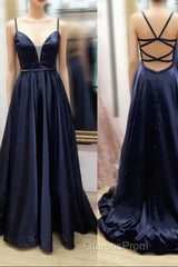 V Neck Black Satin Long Evening Prom Dress, Black V Neck Long Satin Formal Evening Dress