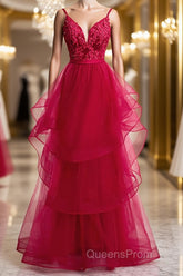 V Neck Burgundy Lace Evening Prom Dress, Wine Red Lace Formal Evening Graduation Dress