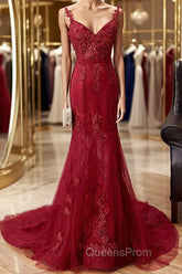 V Neck Burgundy Mermaid Lace Evening Prom Dress, Wine Red Mermaid Lace Formal Bridesmaid Dress