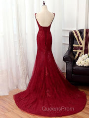 V Neck Burgundy Mermaid Lace Evening Prom Dress, Wine Red Mermaid Lace Formal Bridesmaid Dress