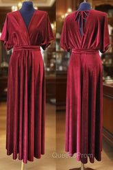 V-Neck Burgundy Velvet Long Bridesmaid Dress