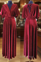 V-Neck Burgundy Velvet Long Bridesmaid Dress