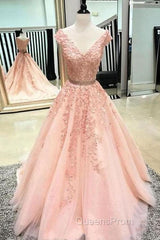 V Neck Cap Sleeves Peach Lace A-Line Long Evening Evening Prom Dress