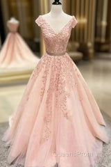 V Neck Cap Sleeves Peach Lace A-Line Long Evening Evening Prom Dress