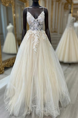 V Neck Champagne Tulle Lace Wedding Dress, Champagne Tulle Lace Formal Evening Prom Dress