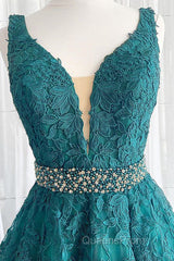 V Neck Dark Green Lace Evening Prom Dress, Dark Green Lace Formal Evening Dress