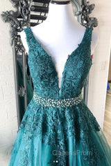 V Neck Green Lace Long Evening Prom Dress with Beaded Belt, Long Green Lace Formal Evening Dress