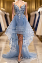 V Neck High Low Blue Lace Evening Prom Dress, Blue Lace High Low Formal Evening Graduation Dress