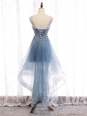 V Neck High Low Blue Lace Evening Prom Dress, Blue Lace High Low Formal Evening Graduation Dress