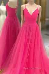 V Neck Hot Pink Backless Evening Prom Dress, Open Back Hot Pink Long Formal Dress