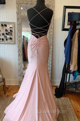 V Neck Lace-Up Back Sexy Mermaid Pink Long Evening Prom Dress