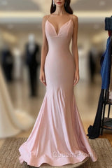 V Neck Lace-Up Back Sexy Mermaid Pink Long Evening Prom Dress