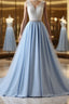 V Neck Light Blue Lace Evening Prom Dress, Light Blue Lace Formal Evening Dress