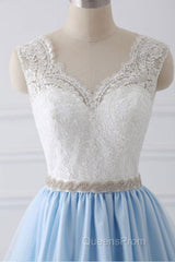 V Neck Light Blue Lace Evening Prom Dress, Light Blue Lace Formal Evening Dress