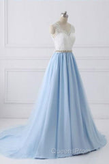 V Neck Light Blue Lace Evening Prom Dress, Light Blue Lace Formal Evening Dress