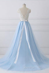 V Neck Light Blue Lace Evening Prom Dress, Light Blue Lace Formal Evening Dress